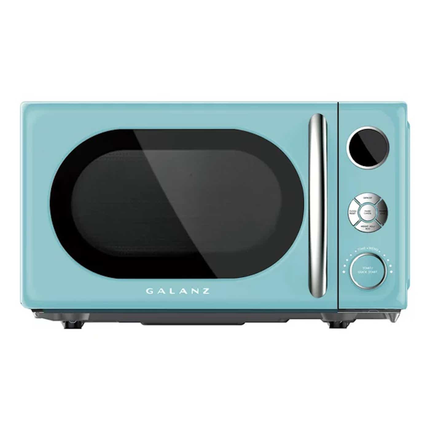 A baby blue retro style microwave with silver hardware sits in front of a plain white background.