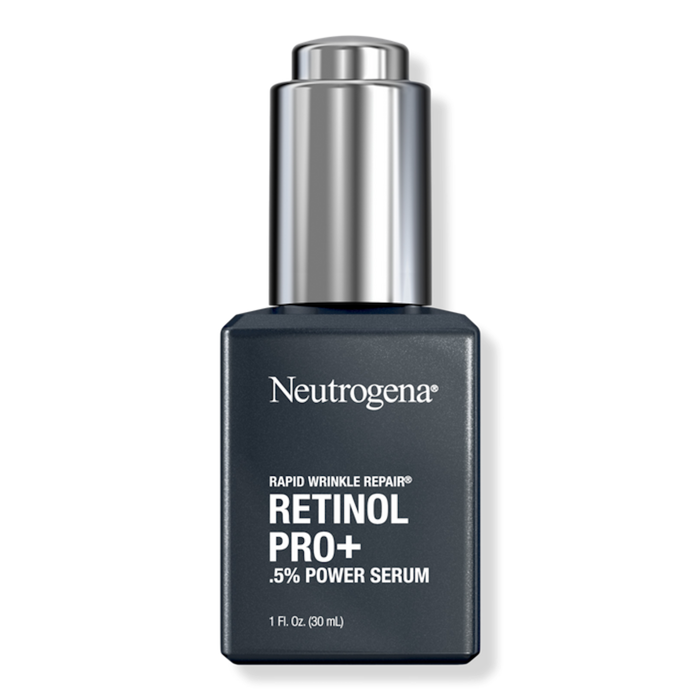 A square, plastic, dark gray bottle of retinol with a silver cap sits in front of a white background.