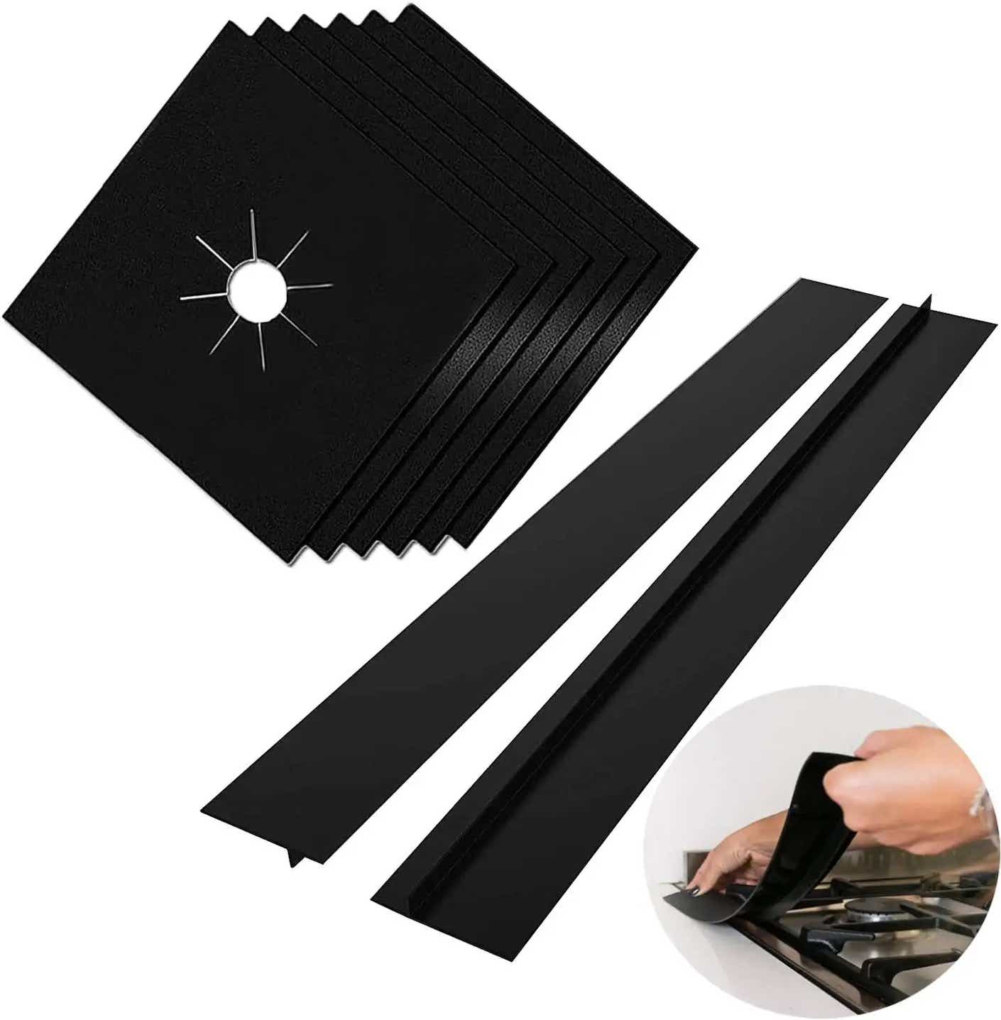 A pair of long, strips of black silicone used to fill the gaps between the stove and counter are pictured next to black squares of silicone that are used to cover stove burners.