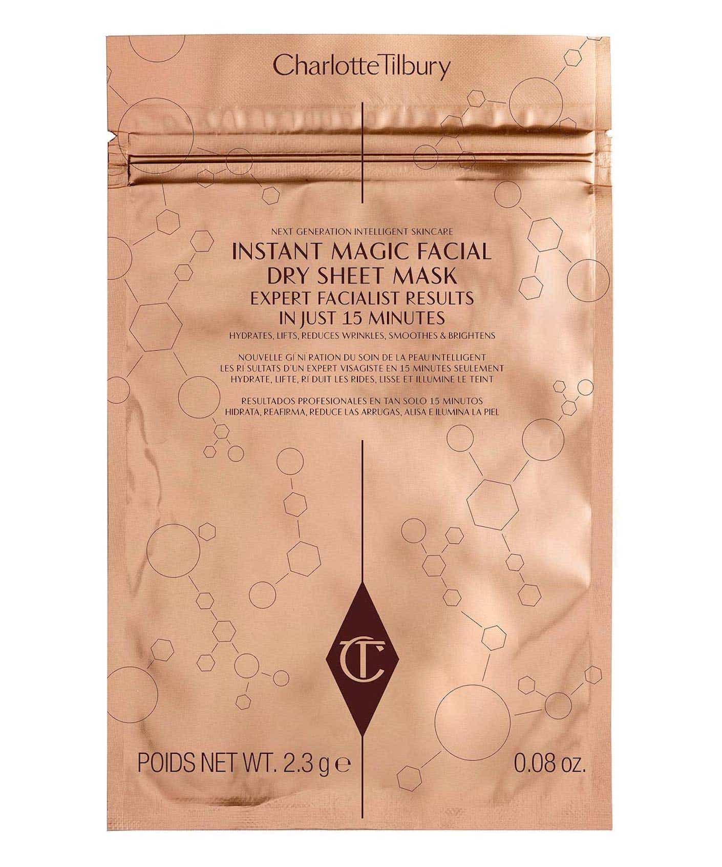 A bronze, plastic package of sheet masks is pictured lying flat.