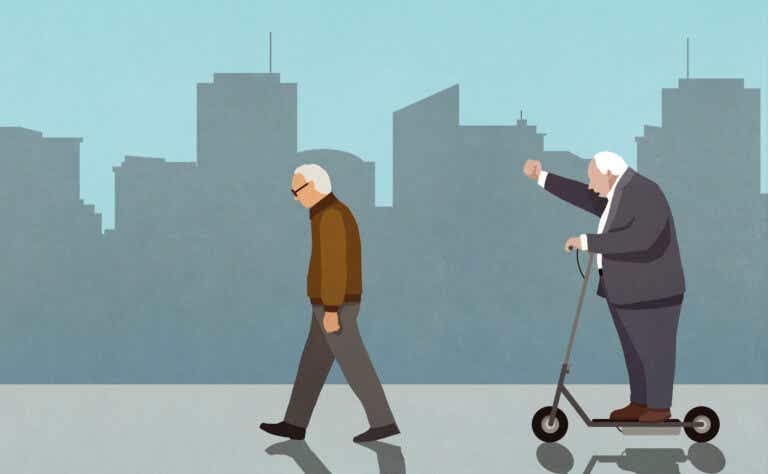 an illustration of a man walking and another on a scooter