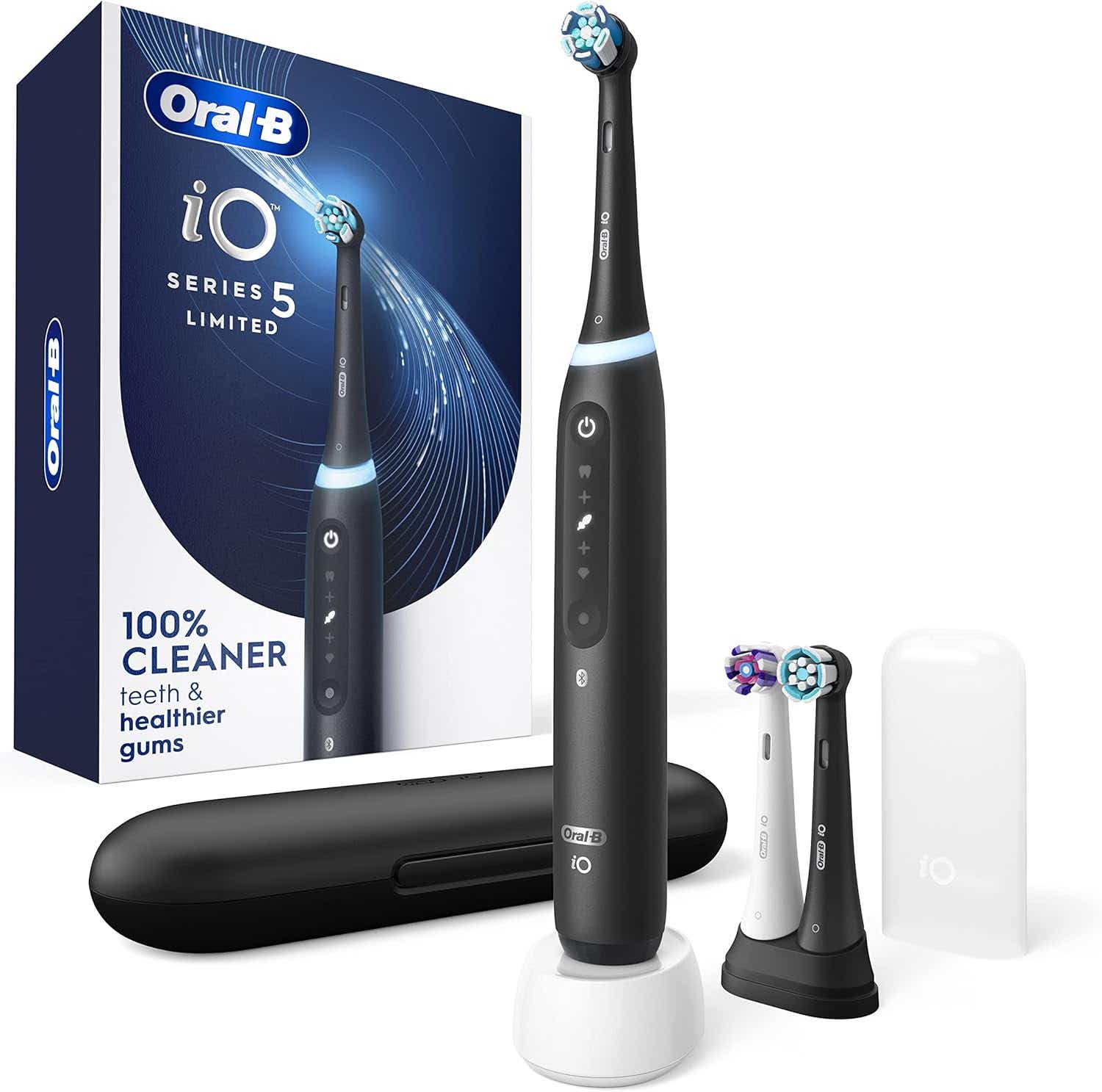 Oral-B iO Deep Clean + Whiten Rechargeable Electric Toothbrush with Visible Pressure Sensor, 2 Minute Timer, 5 Cleaning Settings, 1 iO5 Limited, 3 Toothbrush Heads, Travel Case & Refill Holder, Black