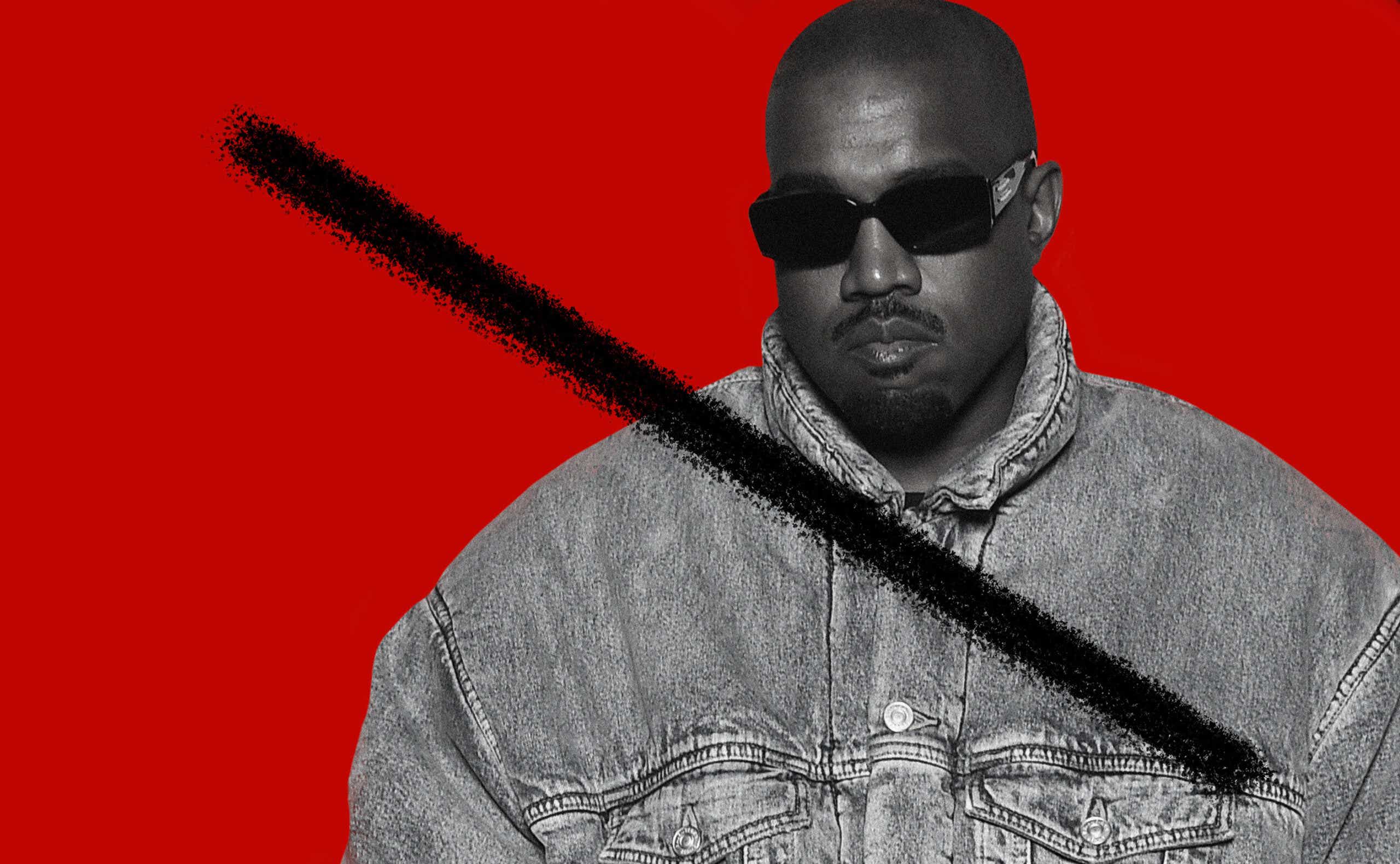 Kanye West on red background with black slash
