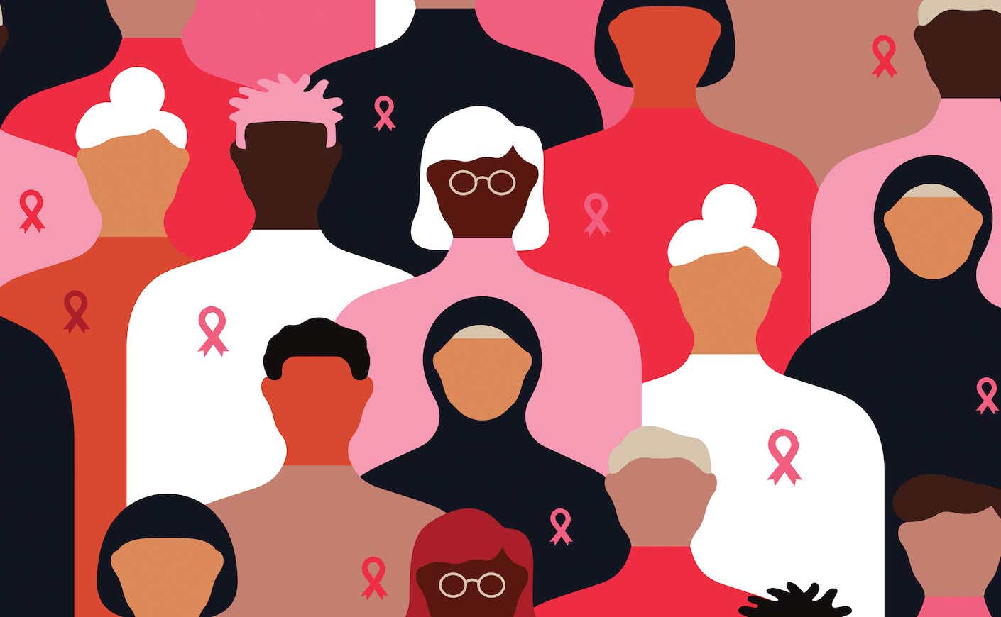 illustration of a diverse group of people wearing breast cancer ribbons