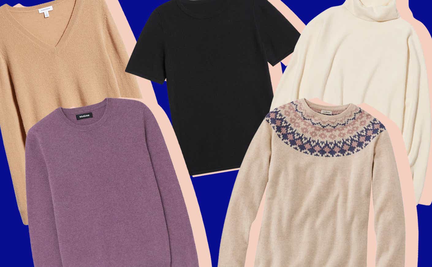 five cashmere sweaters on background