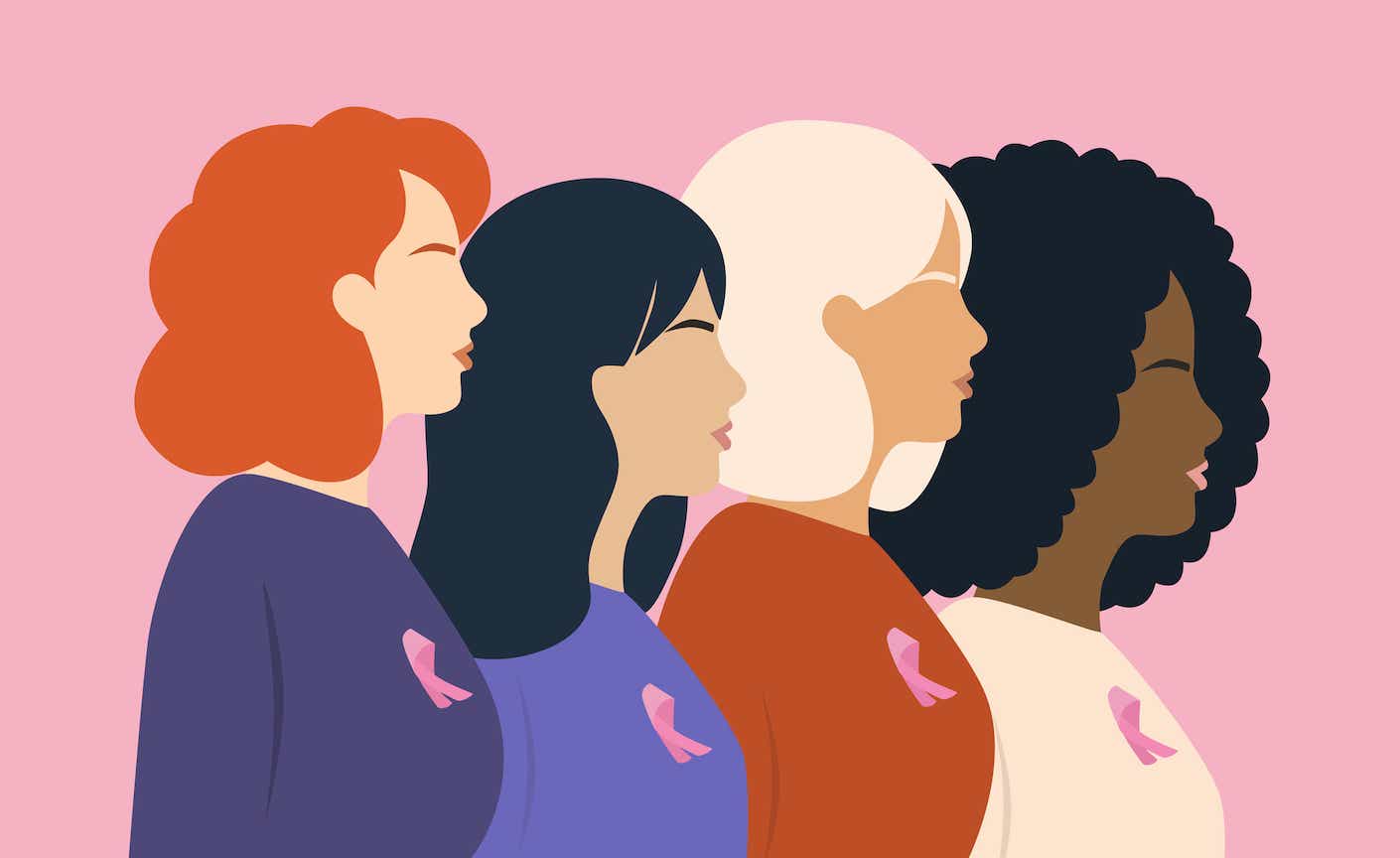 Illustration of four women with breast cancer ribbons