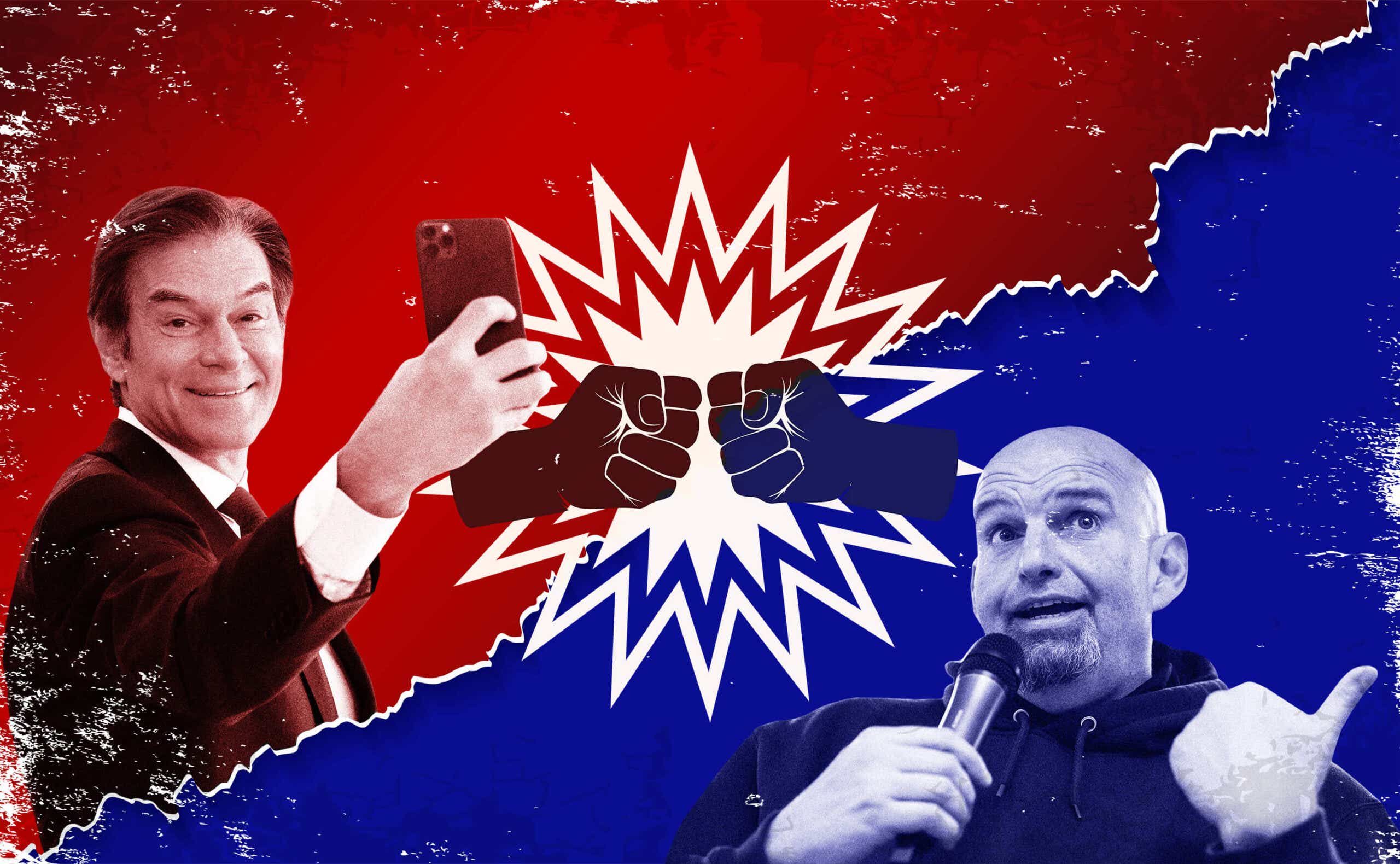 Dr Oz and John Fetterman with fists in blue and red