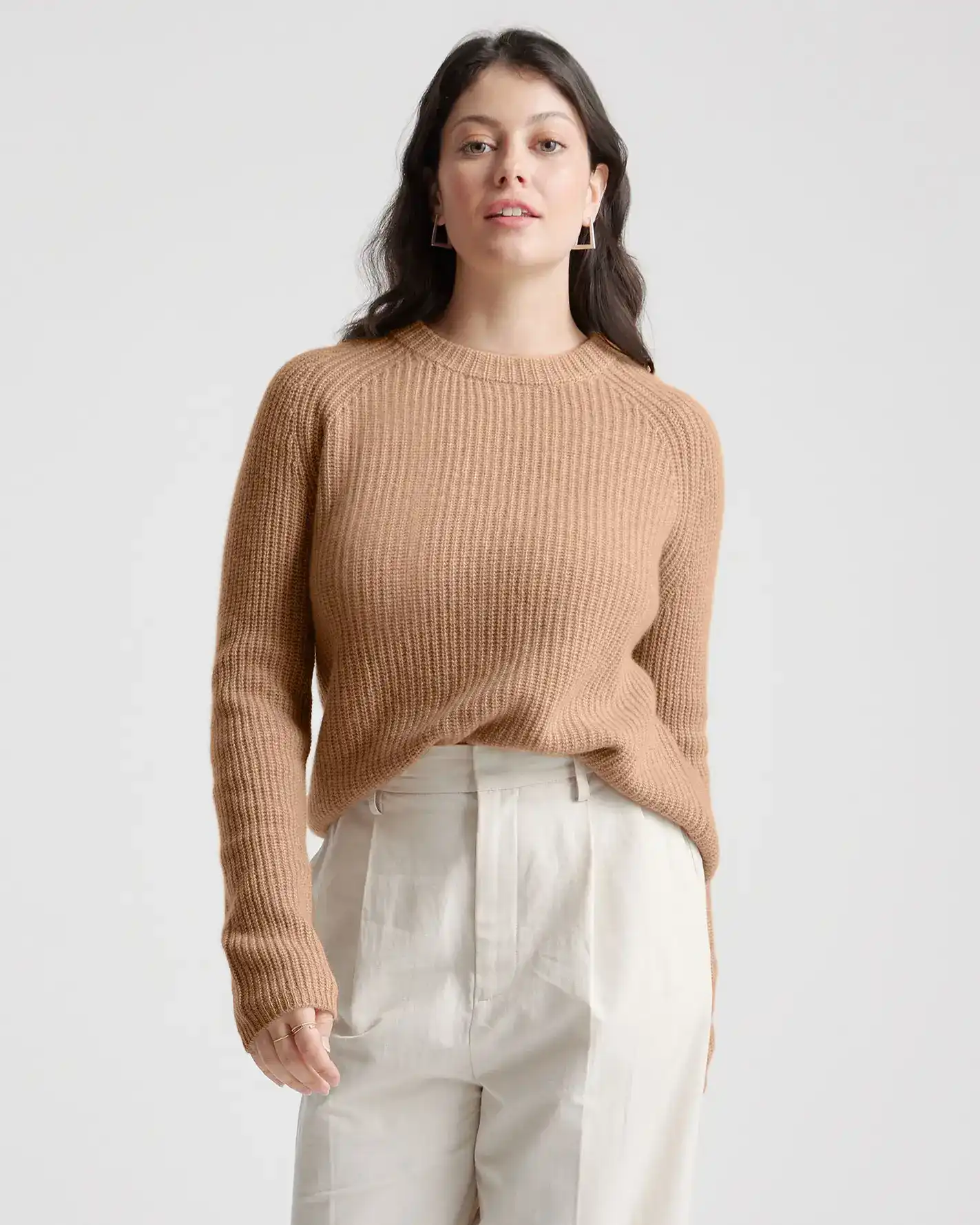 caramel knit cashmere sweater on model