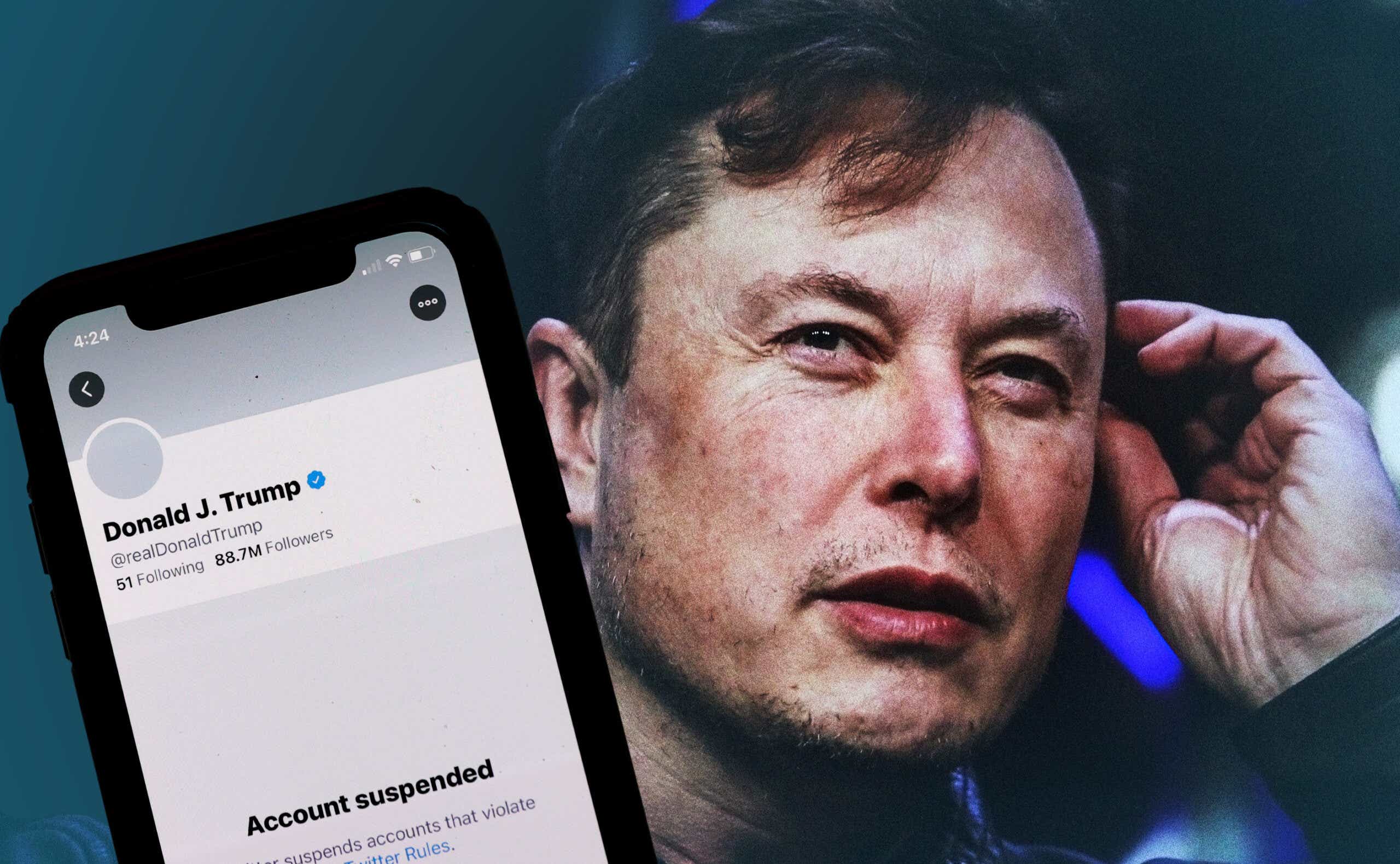 Elon Musk with an image of Donald Trump's suspended Twitter account