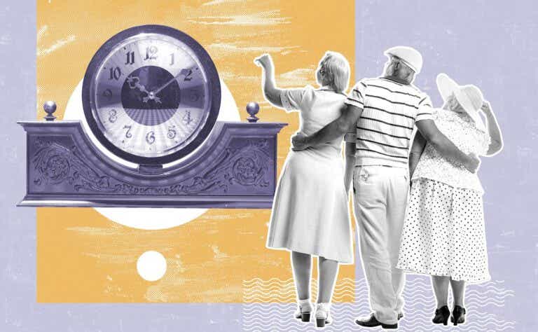 graphic of a group of older people looking at a clock
