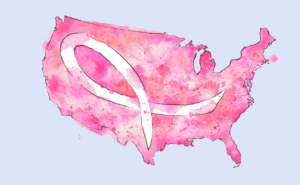 An image of the United States of America is painted in watercolor shades of pink with a pink breast cancer ribbon placed atop the country.