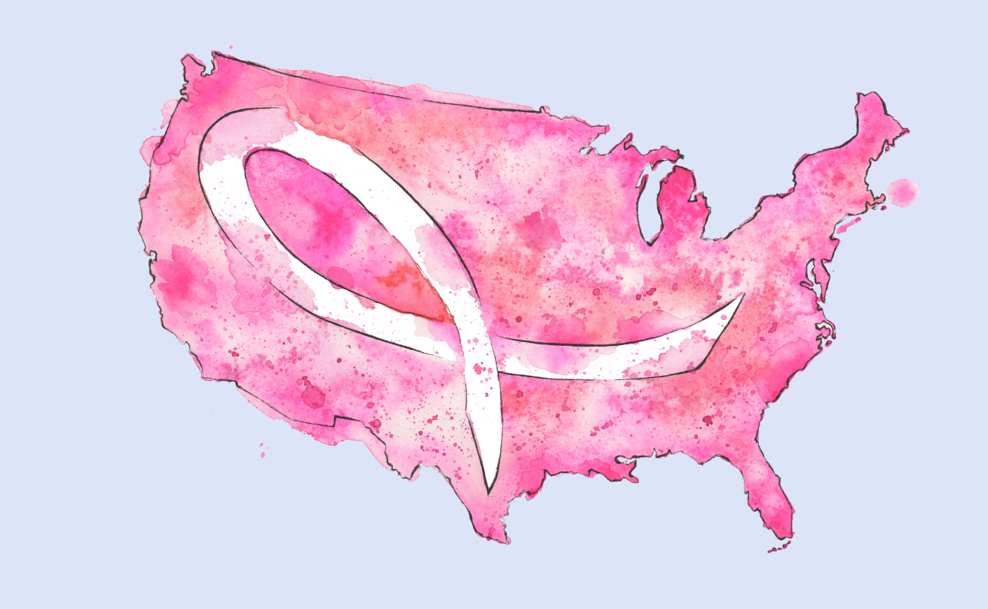 An image of the United States of America is painted in watercolor shades of pink with a pink breast cancer ribbon placed atop the country.