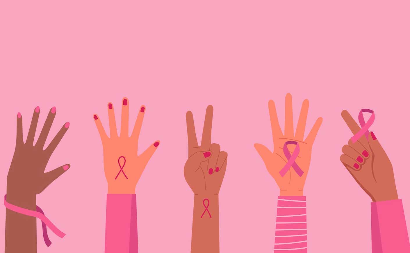 illustration of hands holding the breast cancer ribbon