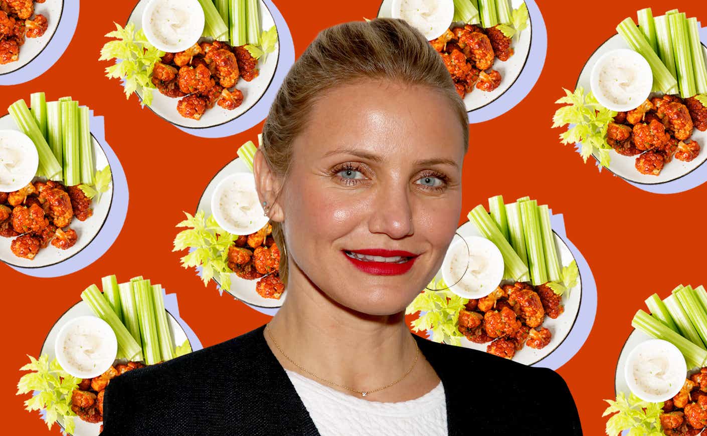 An image of a smiling Cameron Diaz is collaged in front of a red background studded with images of plated cauliflower wings.