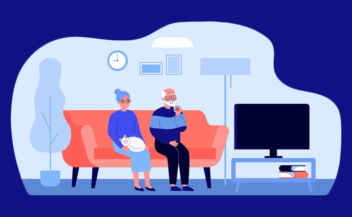 Illustration of elderly couple watching TV