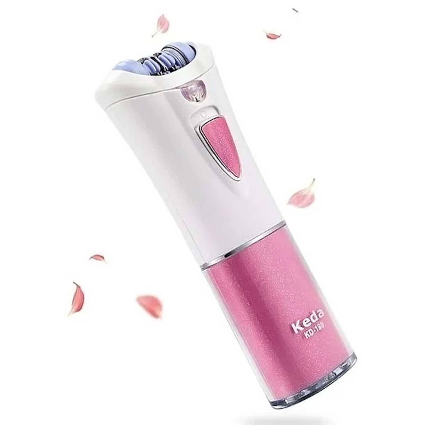 A pink and white electric tweezer is pictured alongside fluttering pink petals.