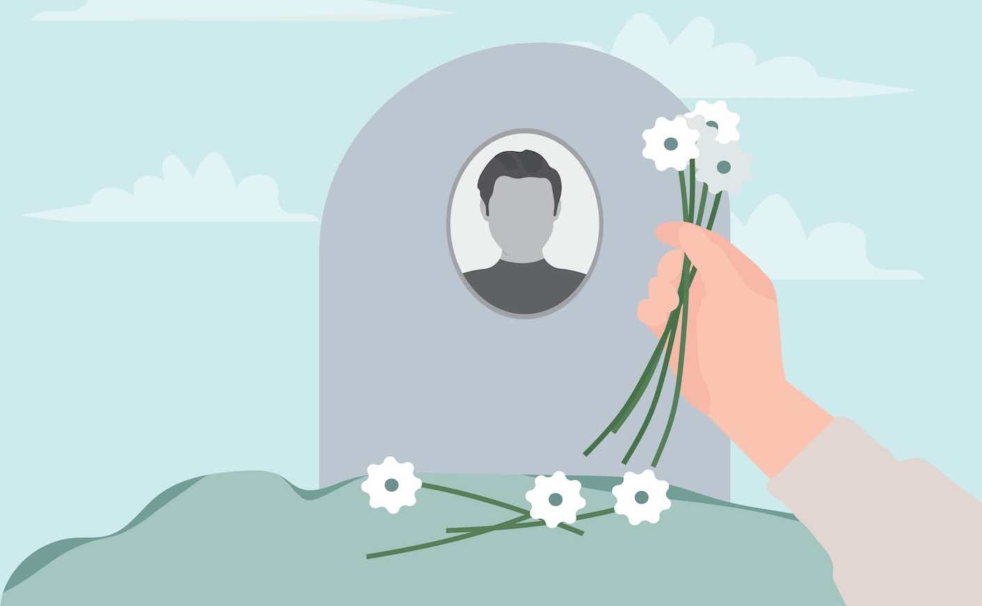 illustration of a hand putting flowers on a grave