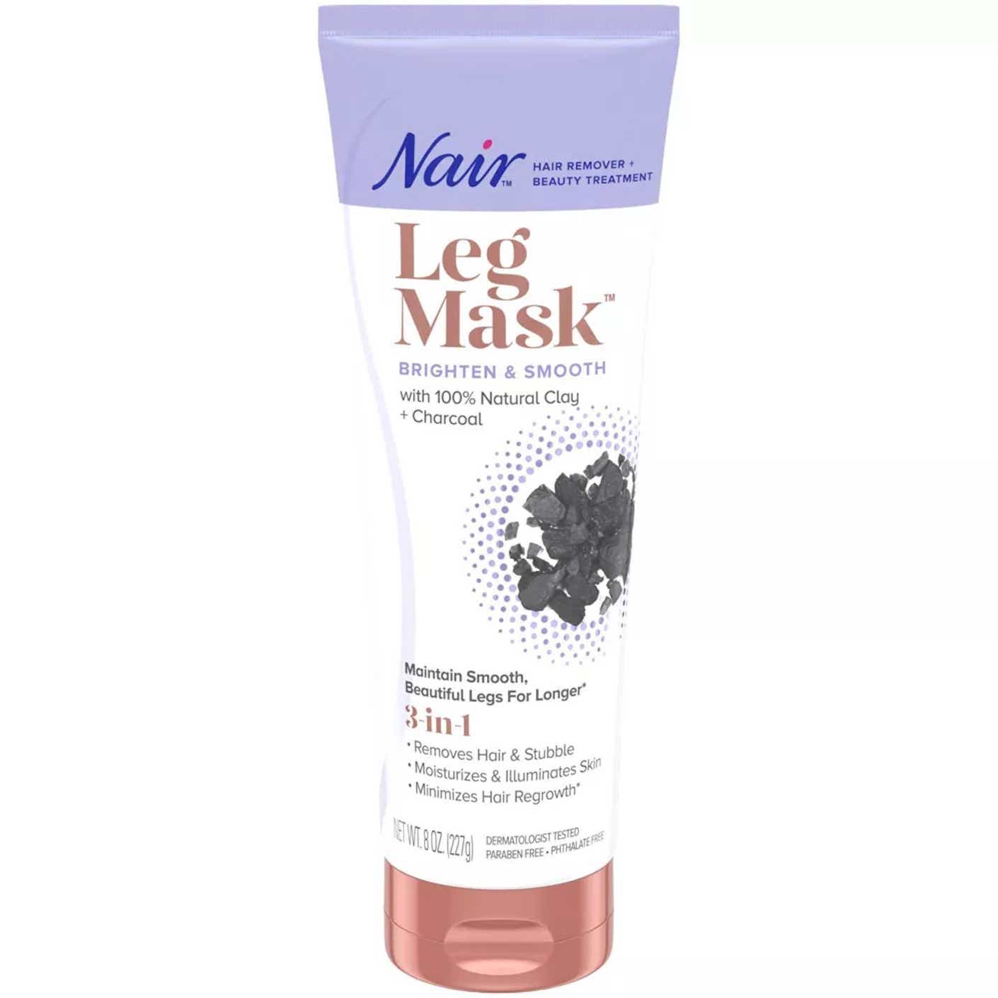 A plastic tube of Nair brand leg mask is pictured.