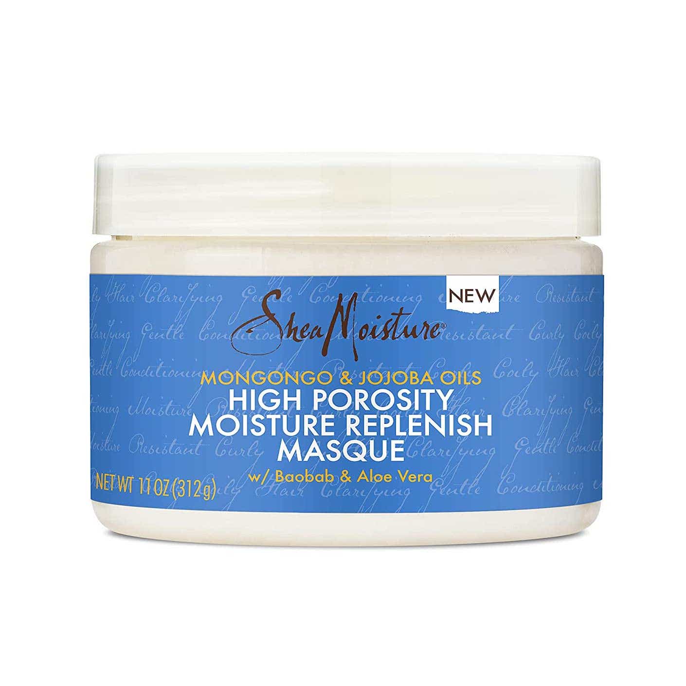A clear tub of creamy hair conditioner sits in front of a white background.