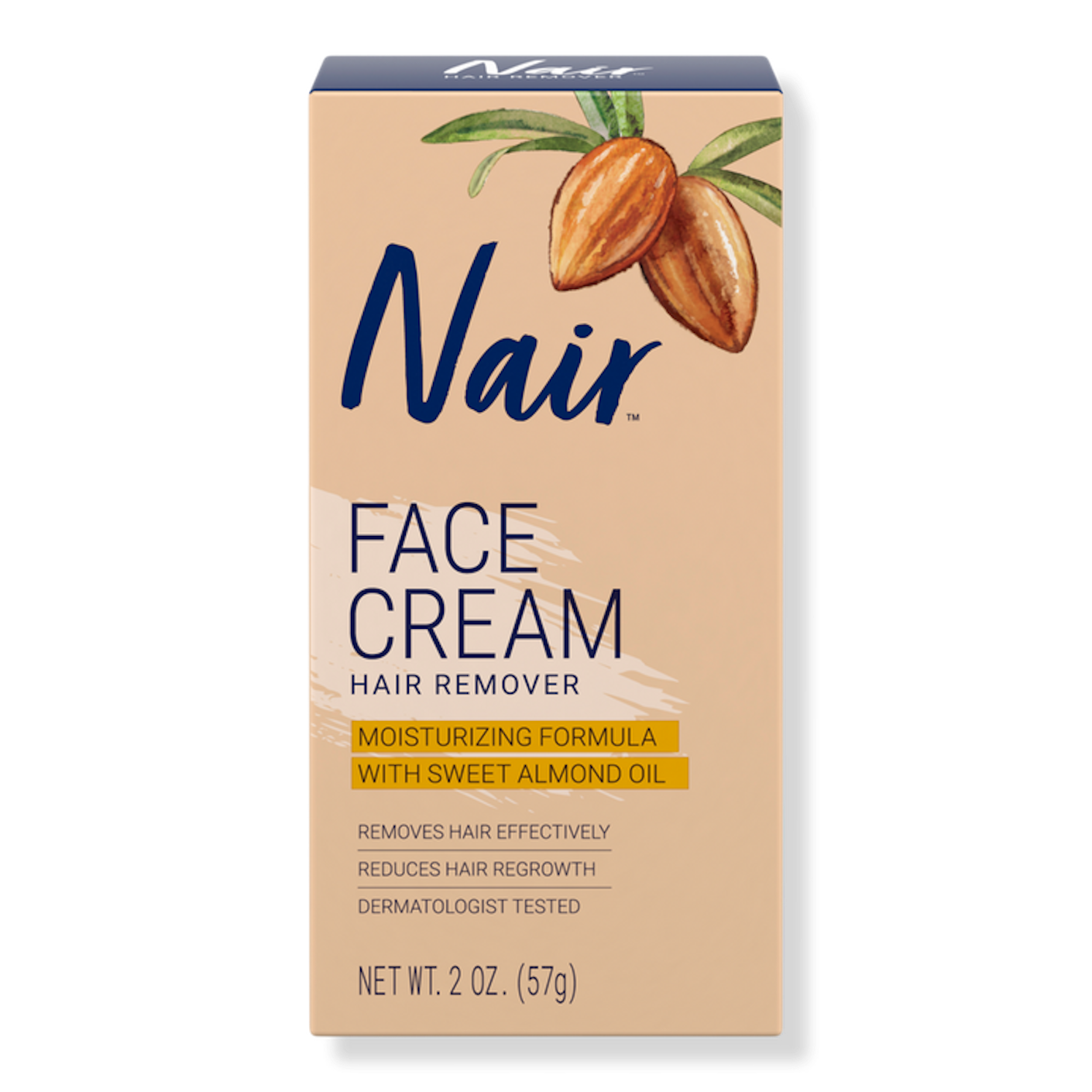 A taupe, cardboard box of Nair face cream is pictured.