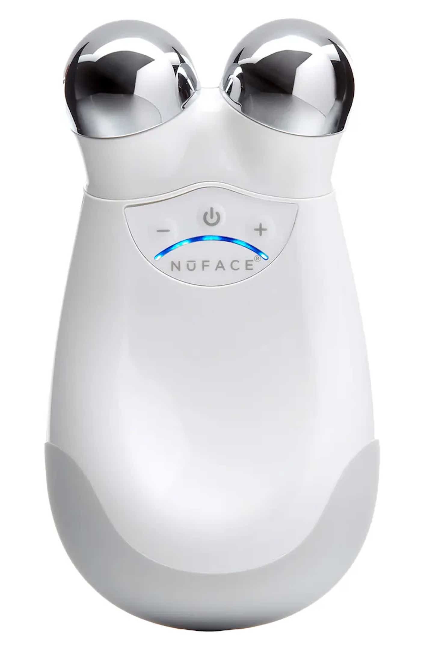 A handheld facial toning device with two spherical metal portions that tone the face is pictured.