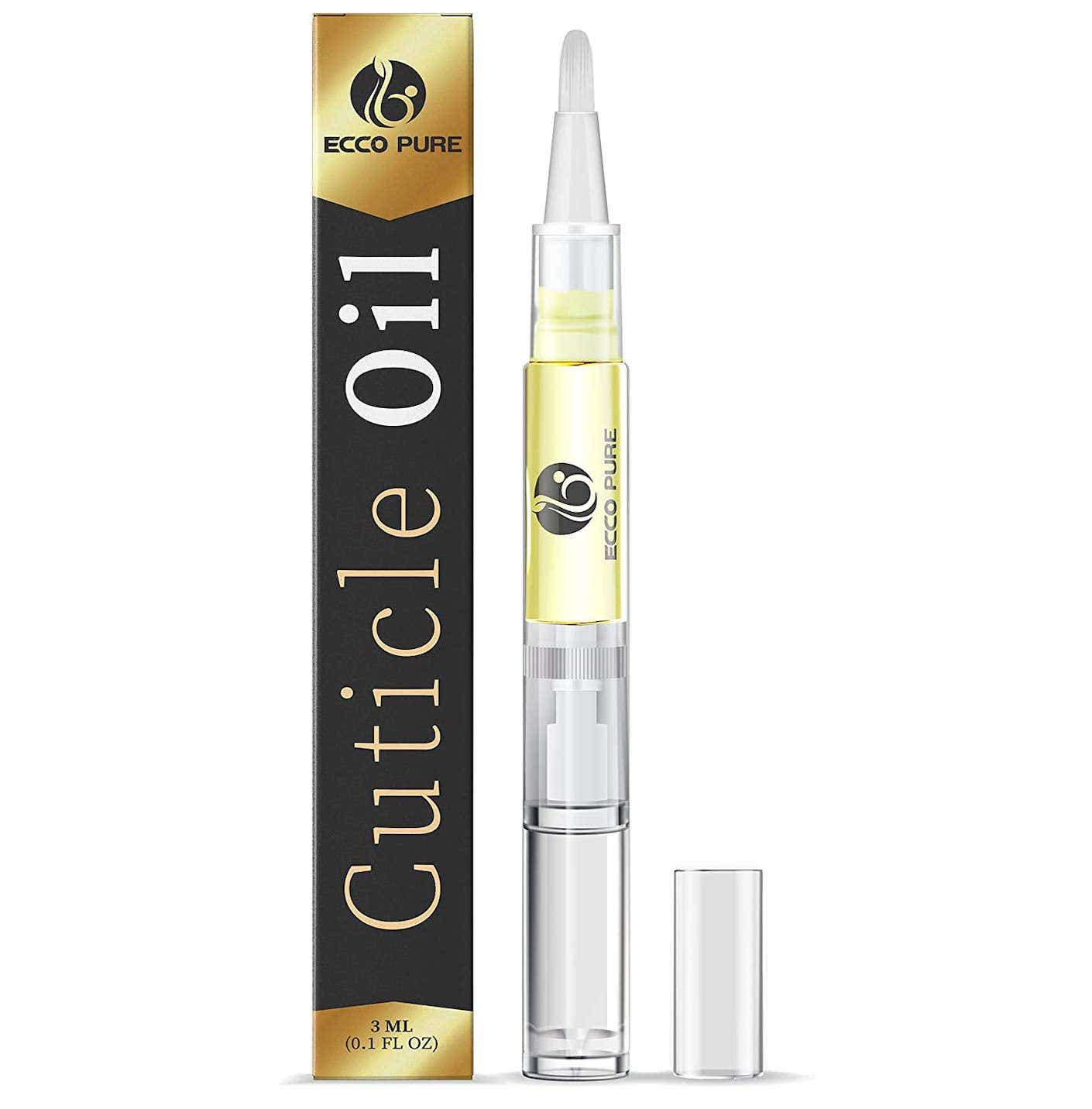 A clear cuticle oil pen sits next to small, slim, cardboard packaging.