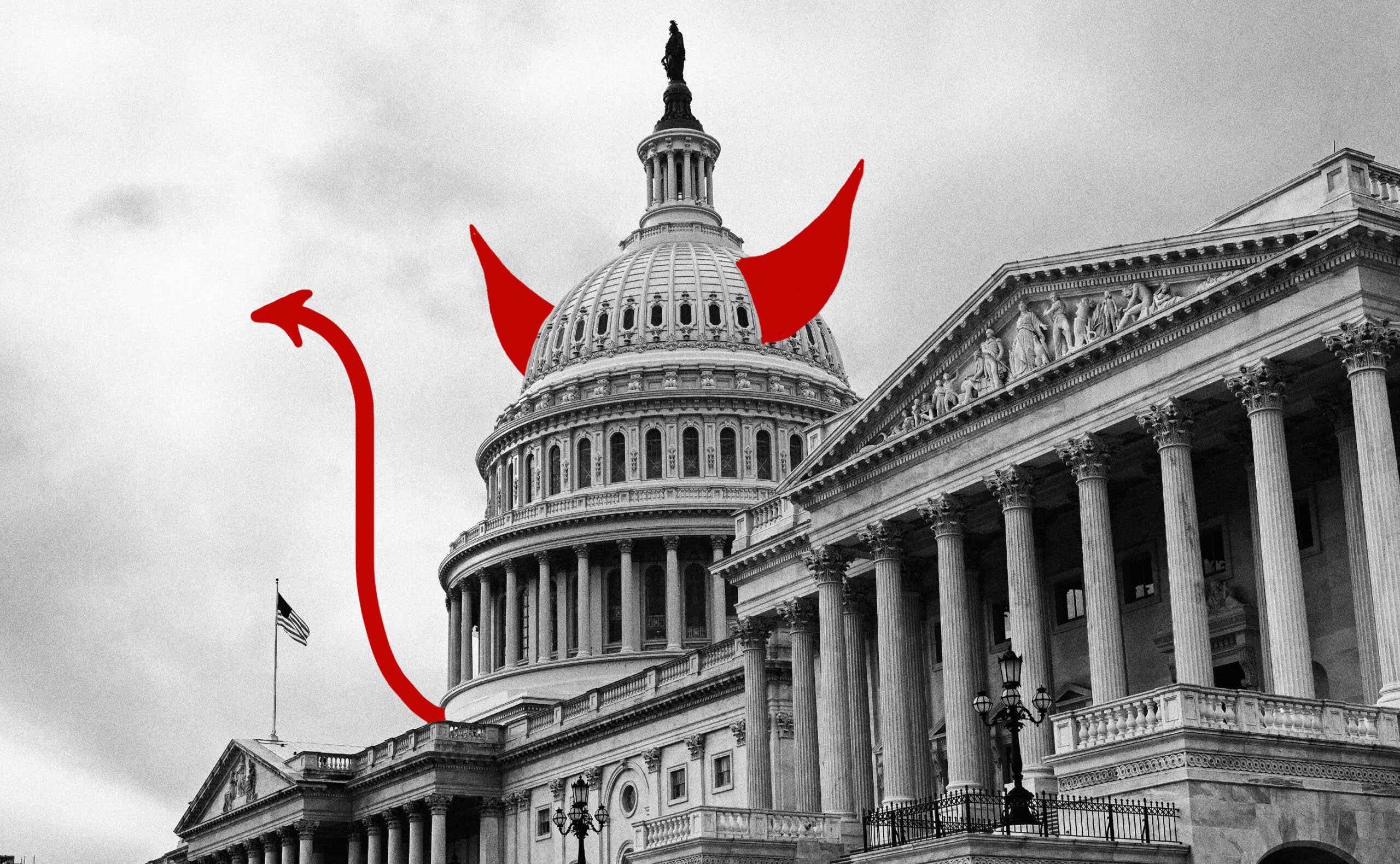 The Capitol with horns and a devil's tail drawn over it