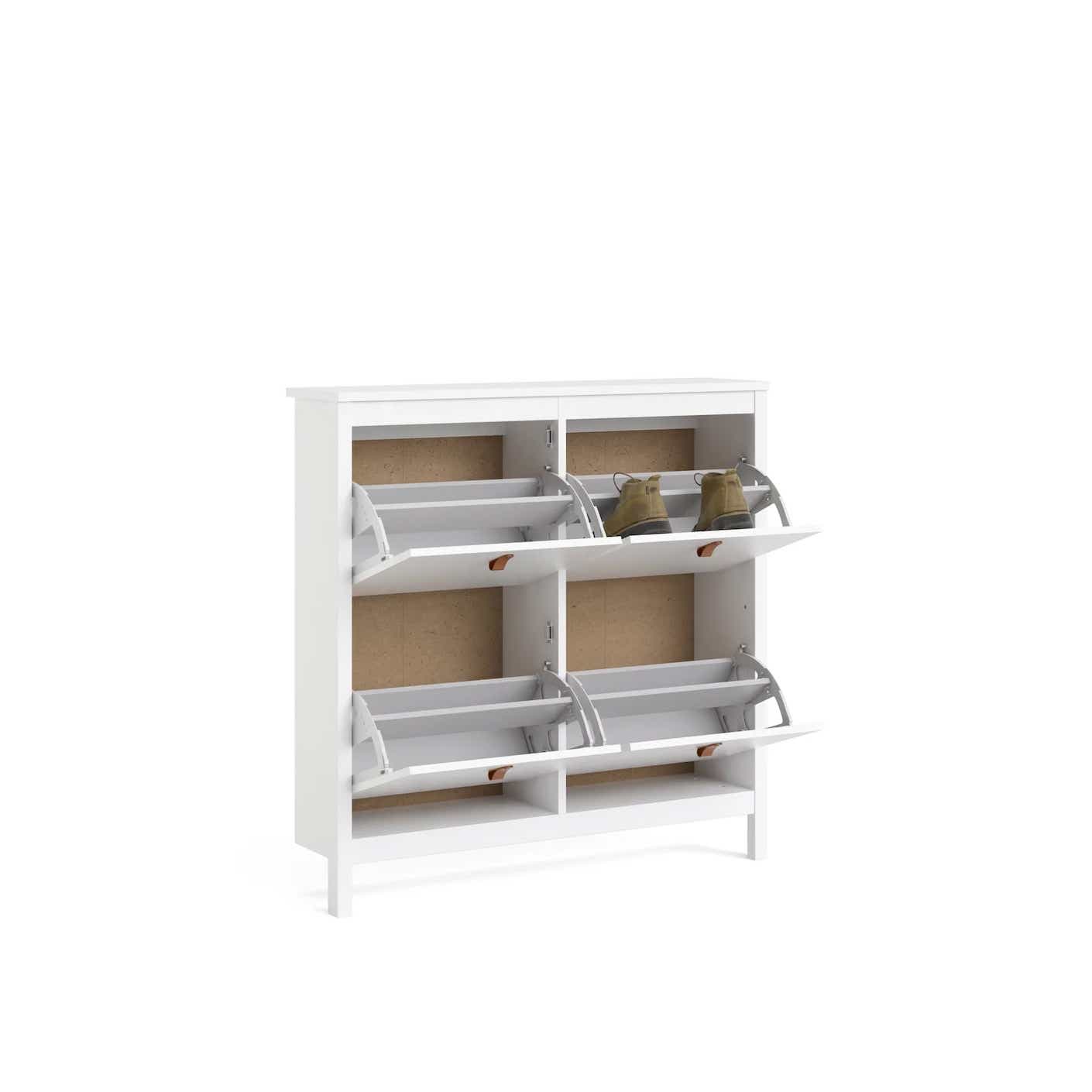 A white shoe cabinet is shown open to reveal inner shoe racks.