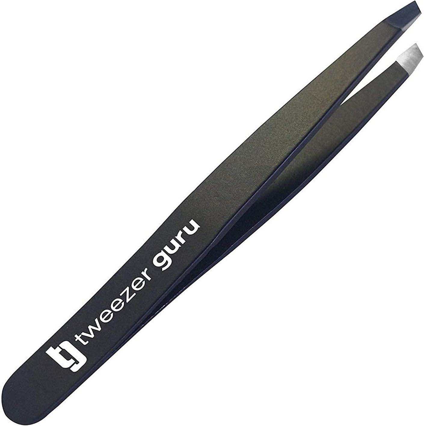 A pair of black, silver tipped tweezers is pictured.