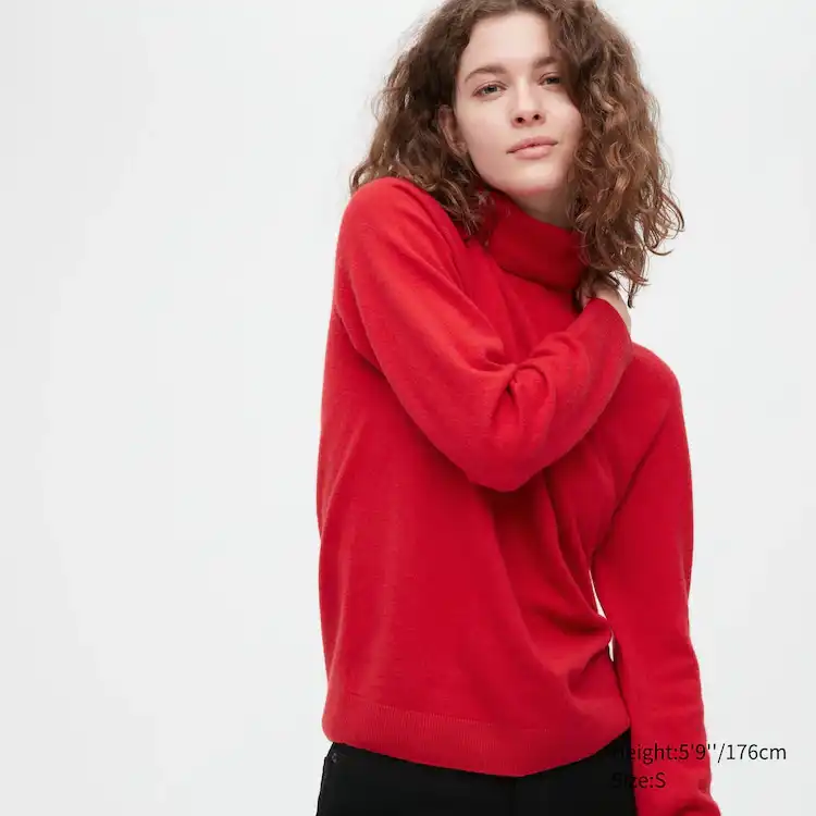 red turtleneck sweater on model