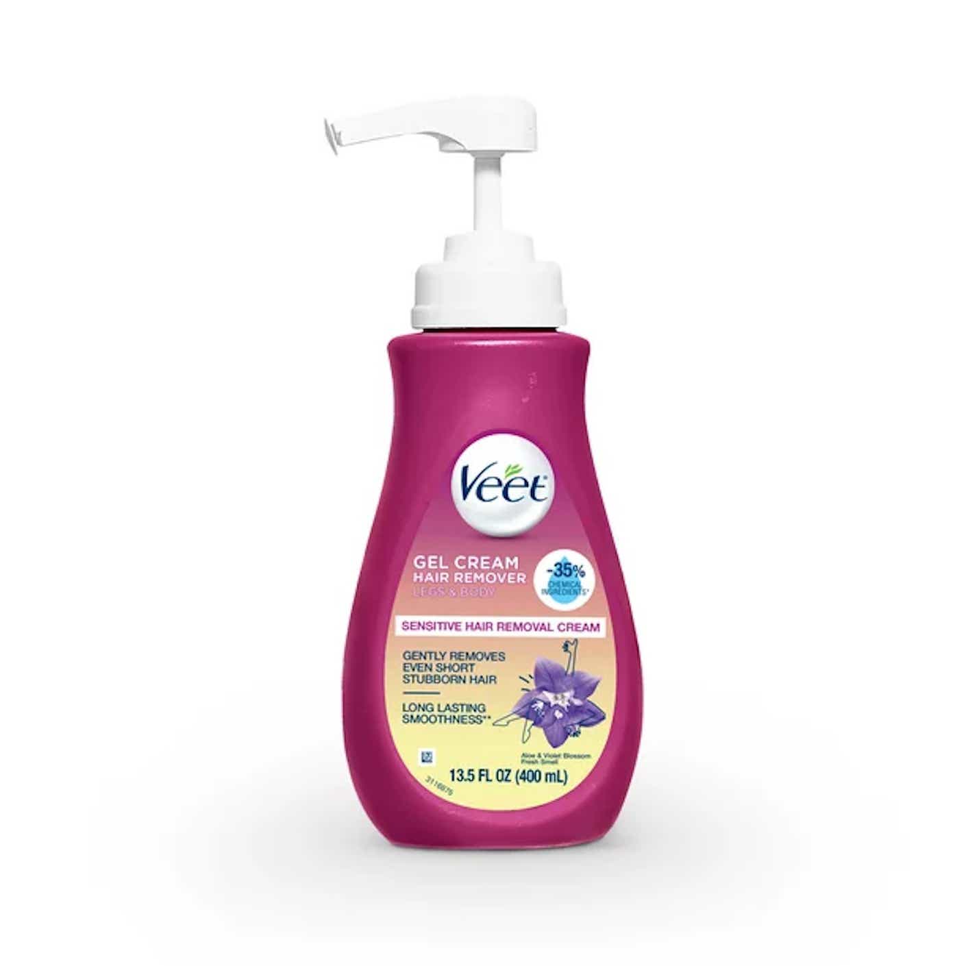 A pinkish purple plastic bottle of hair removal cream with a white pump is pictured.