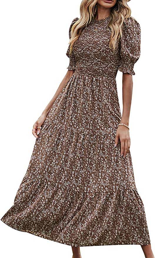 BTFBM Women’s Dresses Crewneck Casual Summer Ruffle Short Sleeve Bohemian Tiered Smocked Long Maxi Dress Floral Leopard Print on model