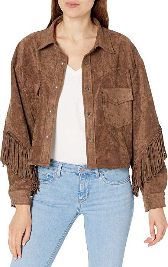 [BLANKNYC] Womens Luxury Clothing Suede Fringe Shirt with Front Snap Closure Faux Leather Jacket