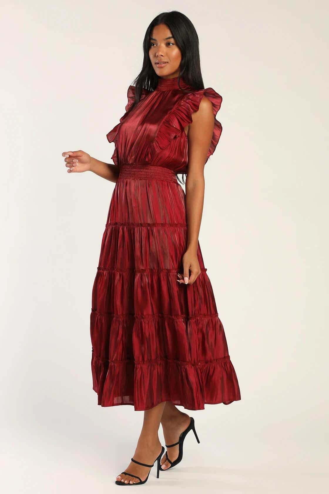 burgundy tiered dress from lulus
