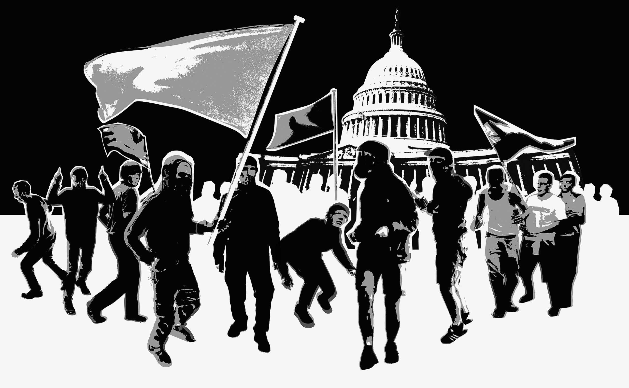 Black and white illustration of insurrectionists at the capitol