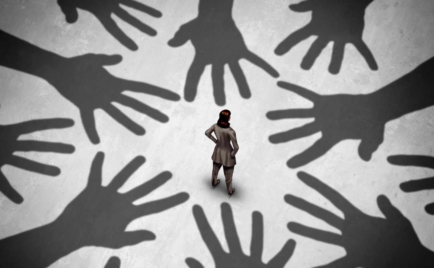 Illustration of a woman standing amid the threatening shadows of hands reaching out for her