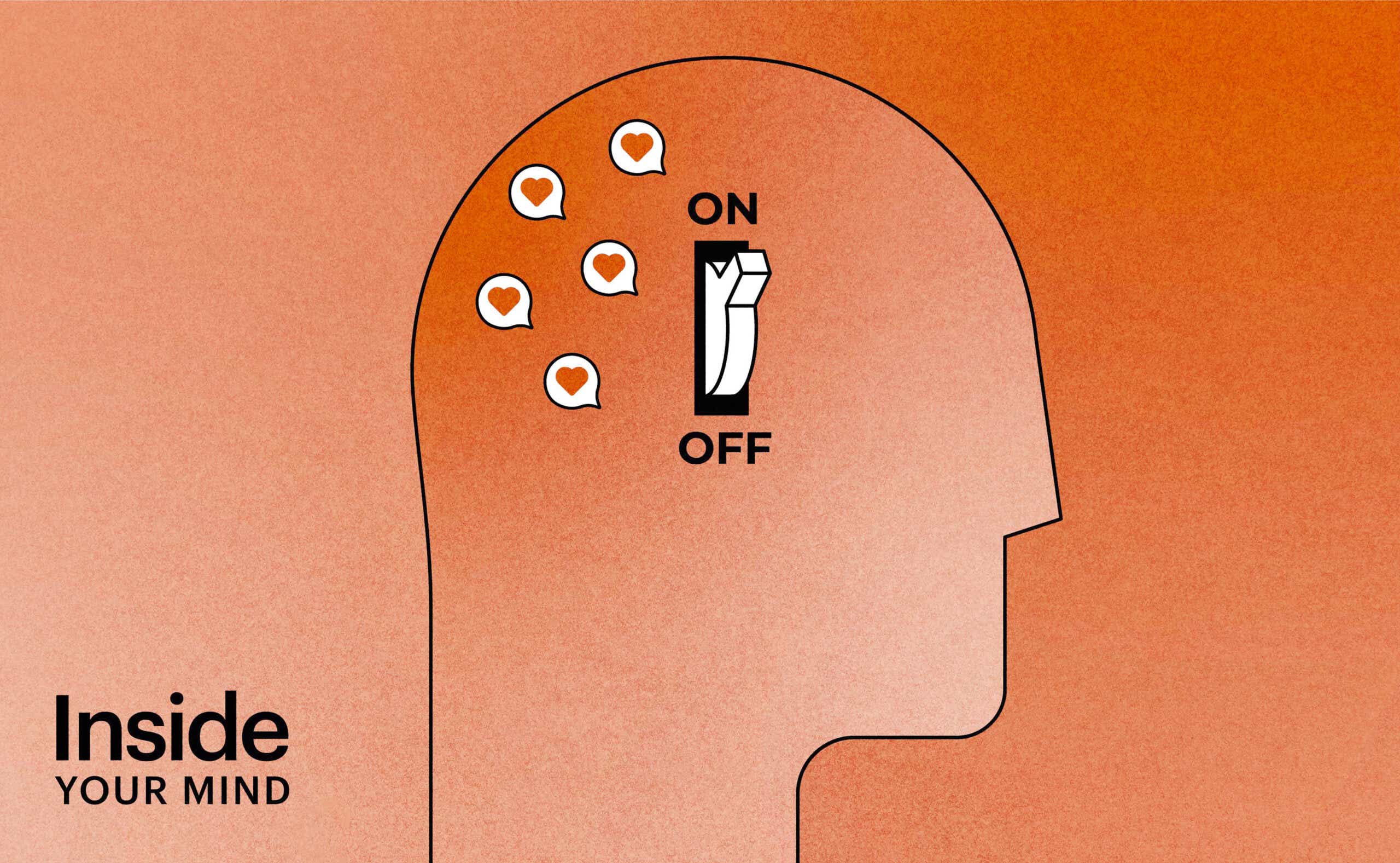 Illustration of a head with a light switch on it that's turned to "on" and heart emojis indicating love