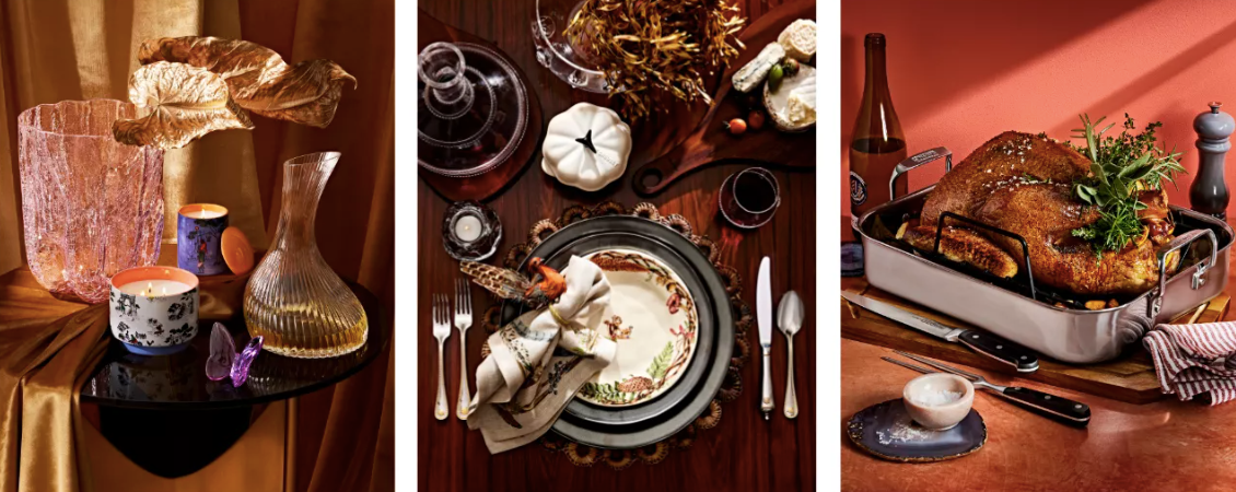 A trio of images show a holiday table set in rich, warm amber colors.