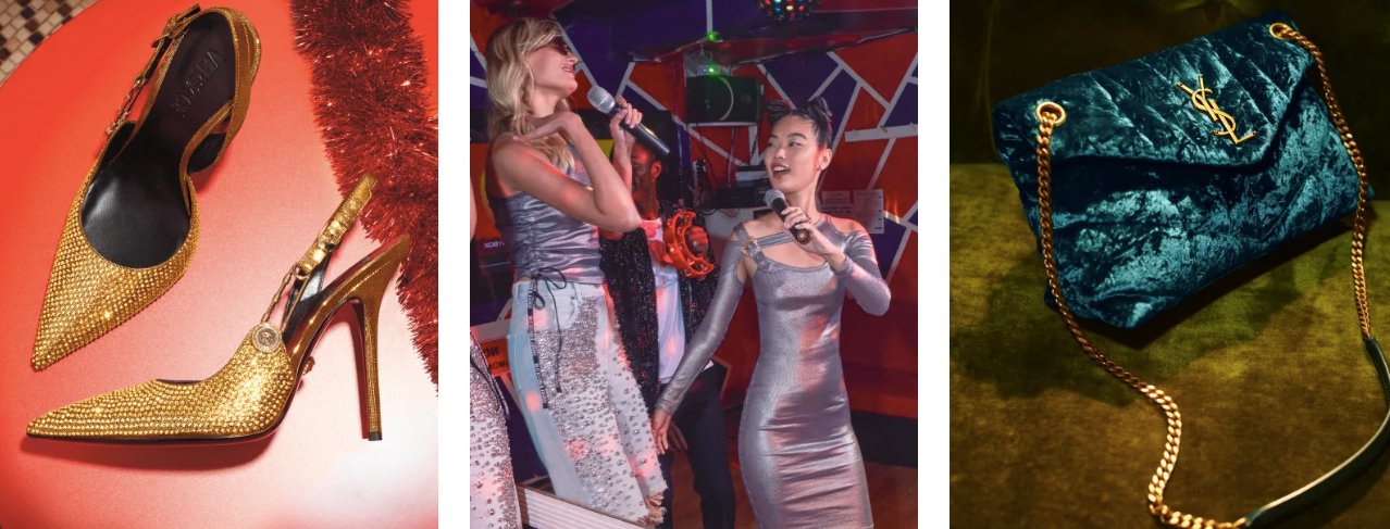 A trio of images show sparkly shoes, a velvet bag, and two women in glittery dresses singing karaoke.