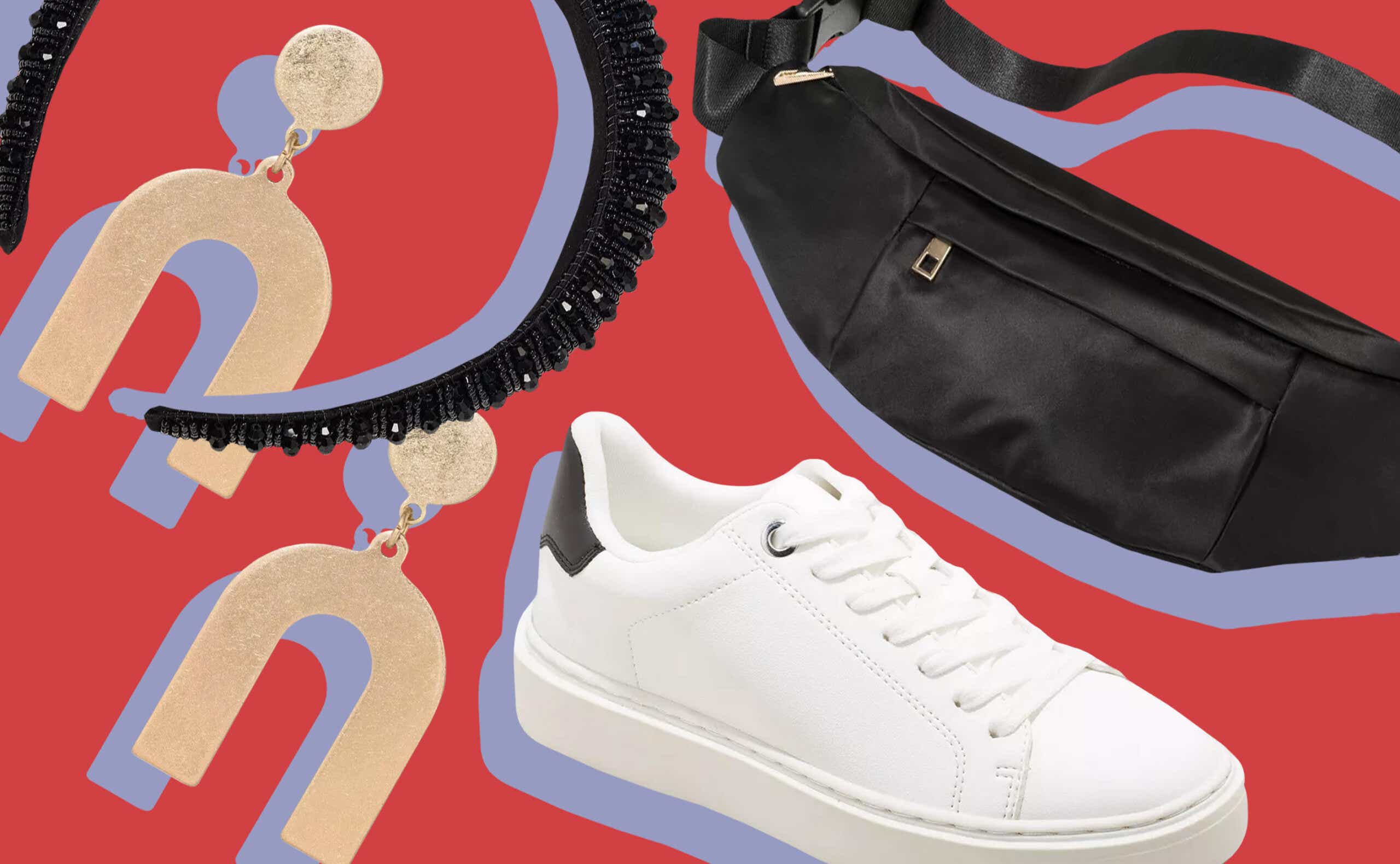 white sneakers belt bag and gold earrings on red background