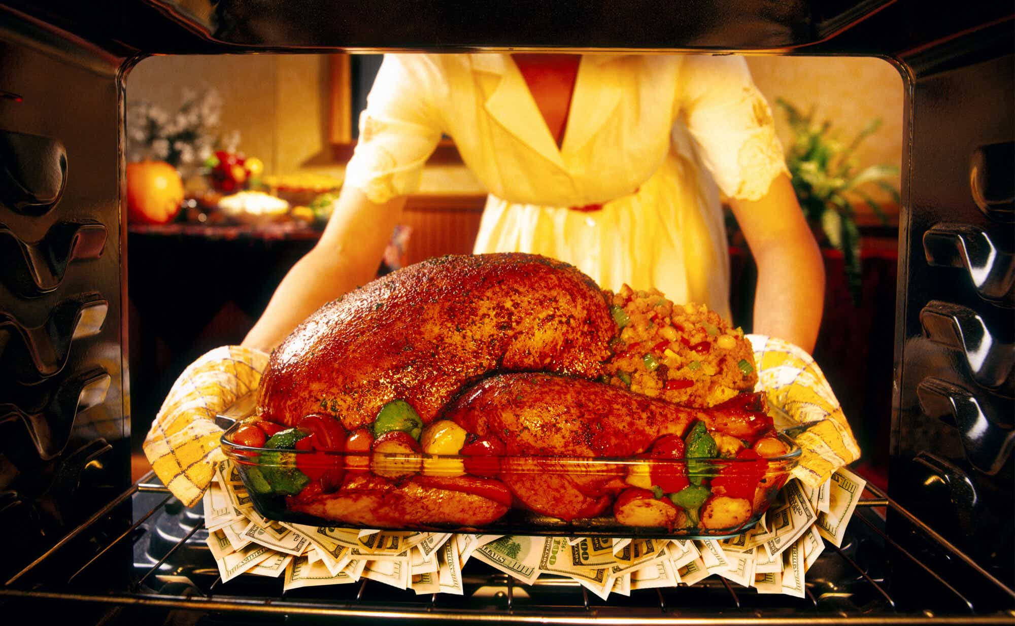 Picture of roasted Thanksgiving turkey atop piles of $100 bills coming out of an oven.