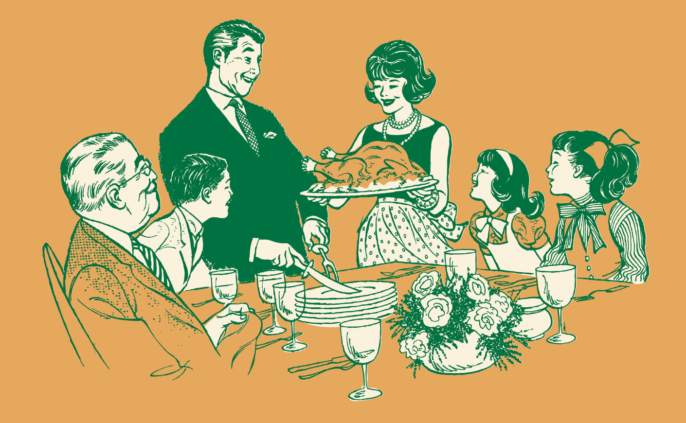 Vintage illustration of a family at Thanksgiving