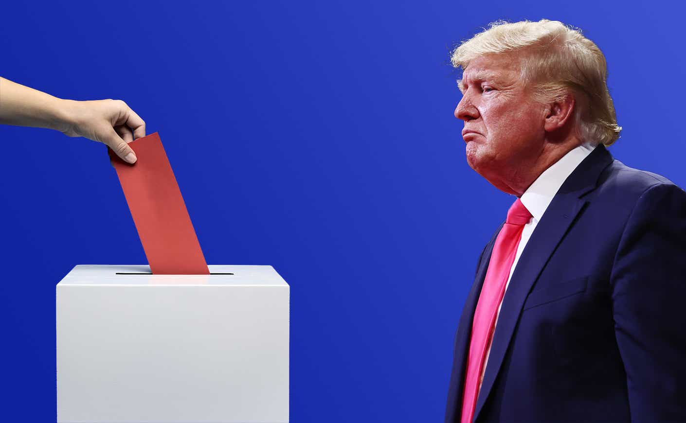 Donald Trump looking gruff and facing election ballot box