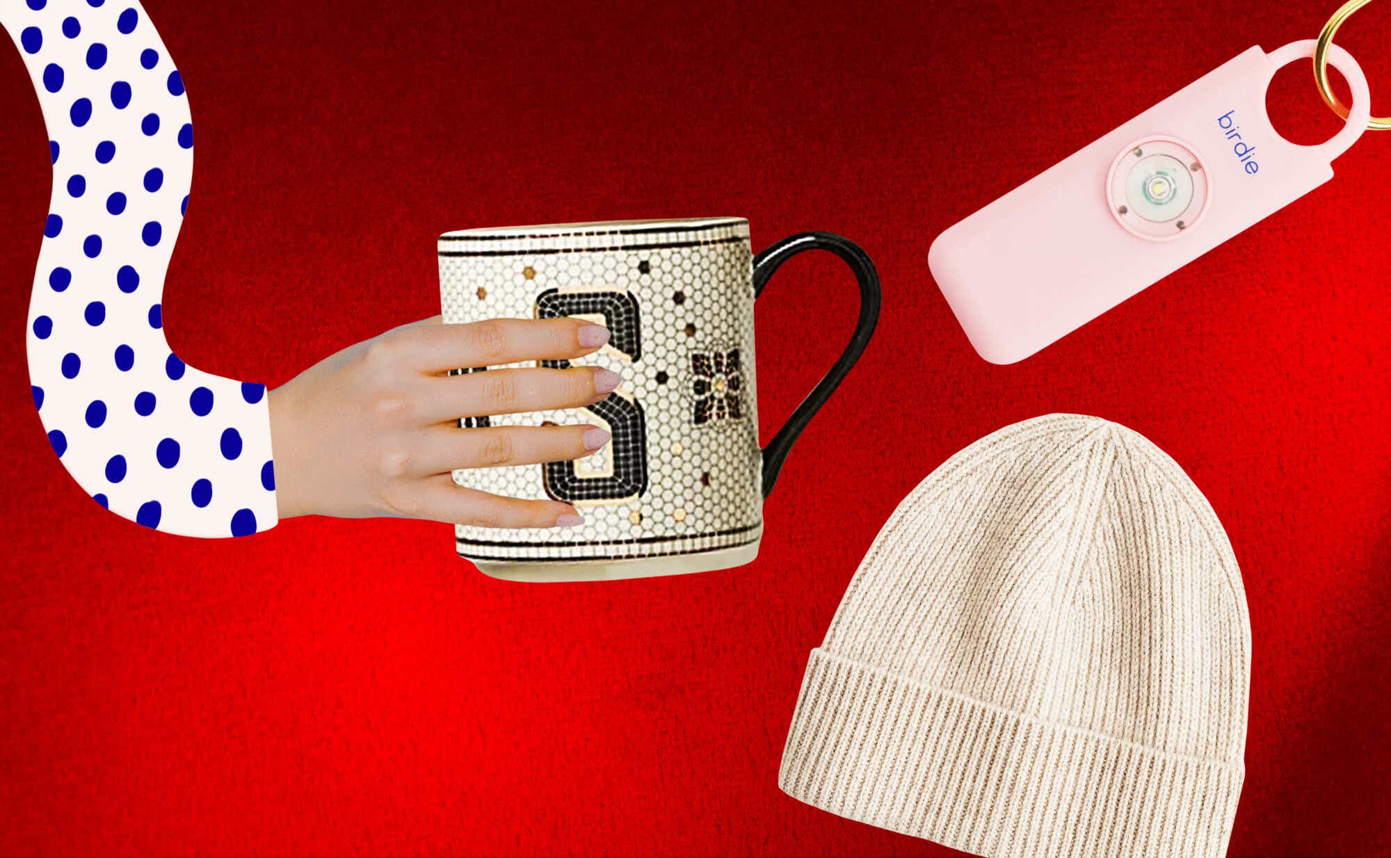 collage of gifts with a handle holding a mug, a hat, and a keychain