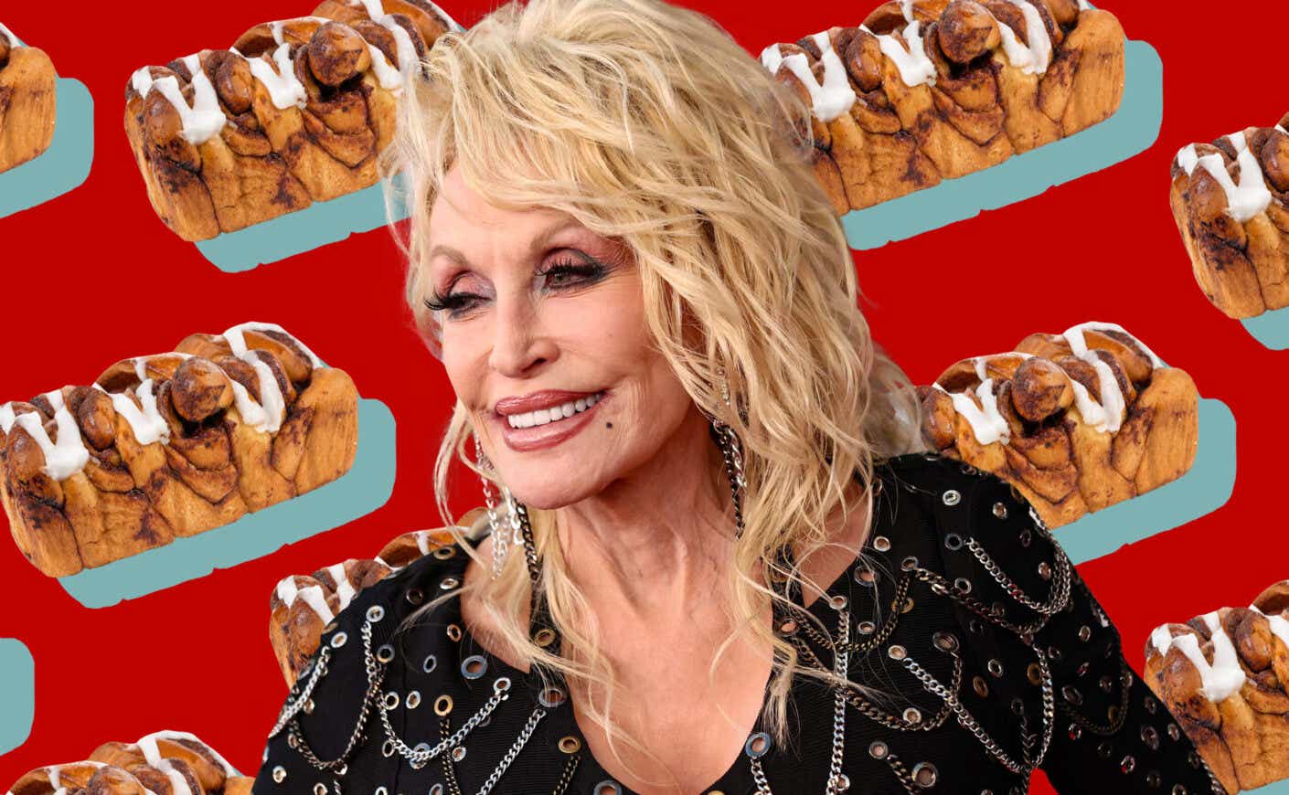 An image of Dolly Parton is layered over a collage of bread loaves.
