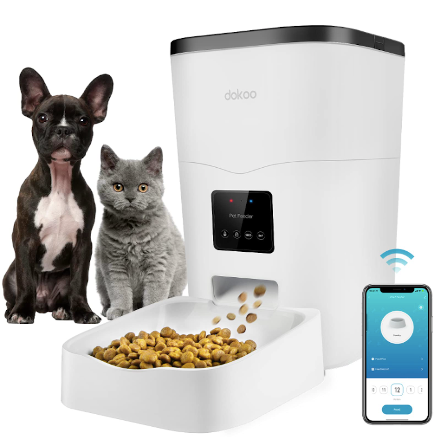 A French bulldog and gray cat sit beside a white automatic pet feeder full of food with a digital display.