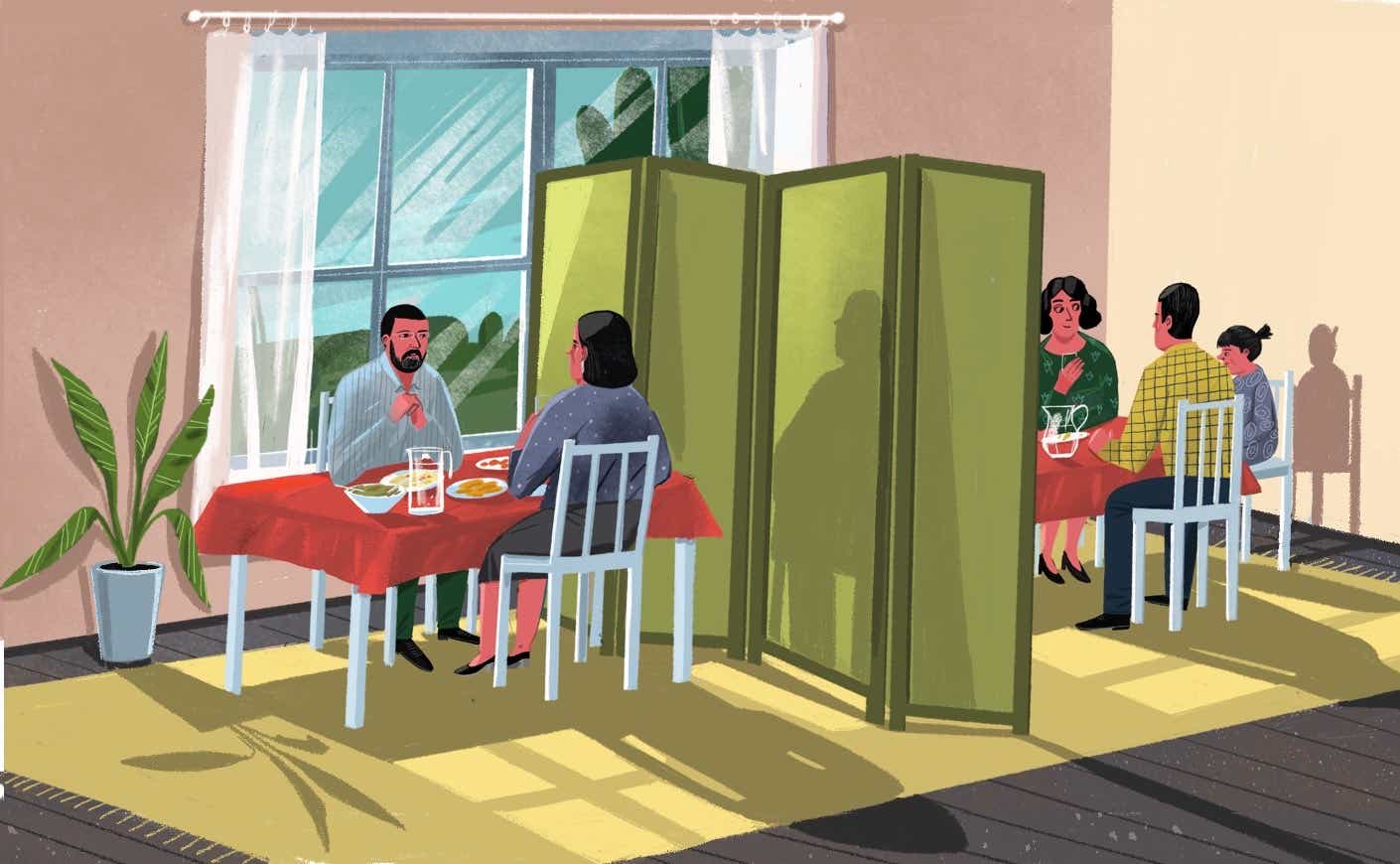 illustration of a family sitting at a dining table but separated by a partition