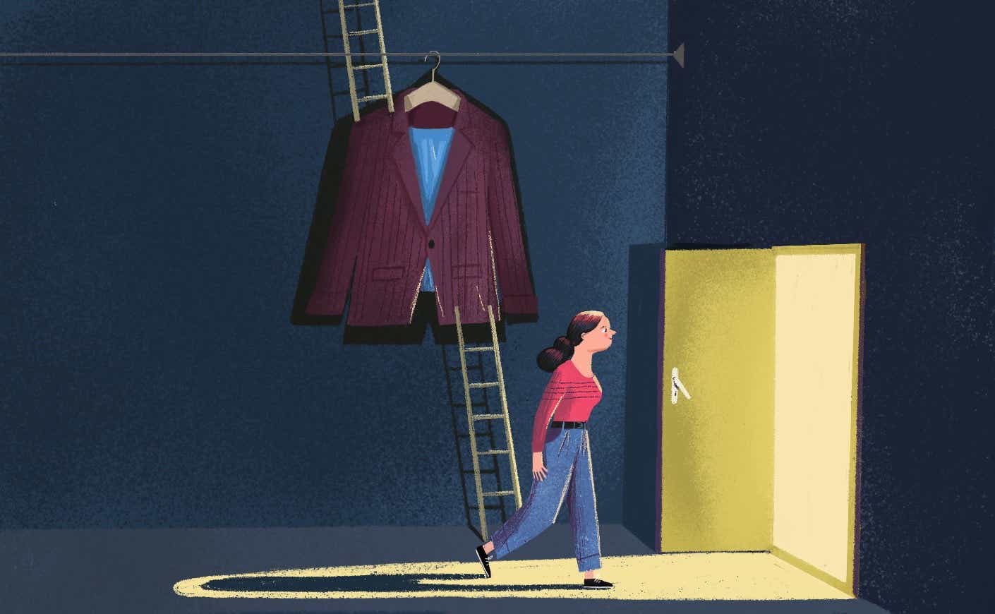 illustration of a woman walking out of an office where her blazer is hanging by a ladder