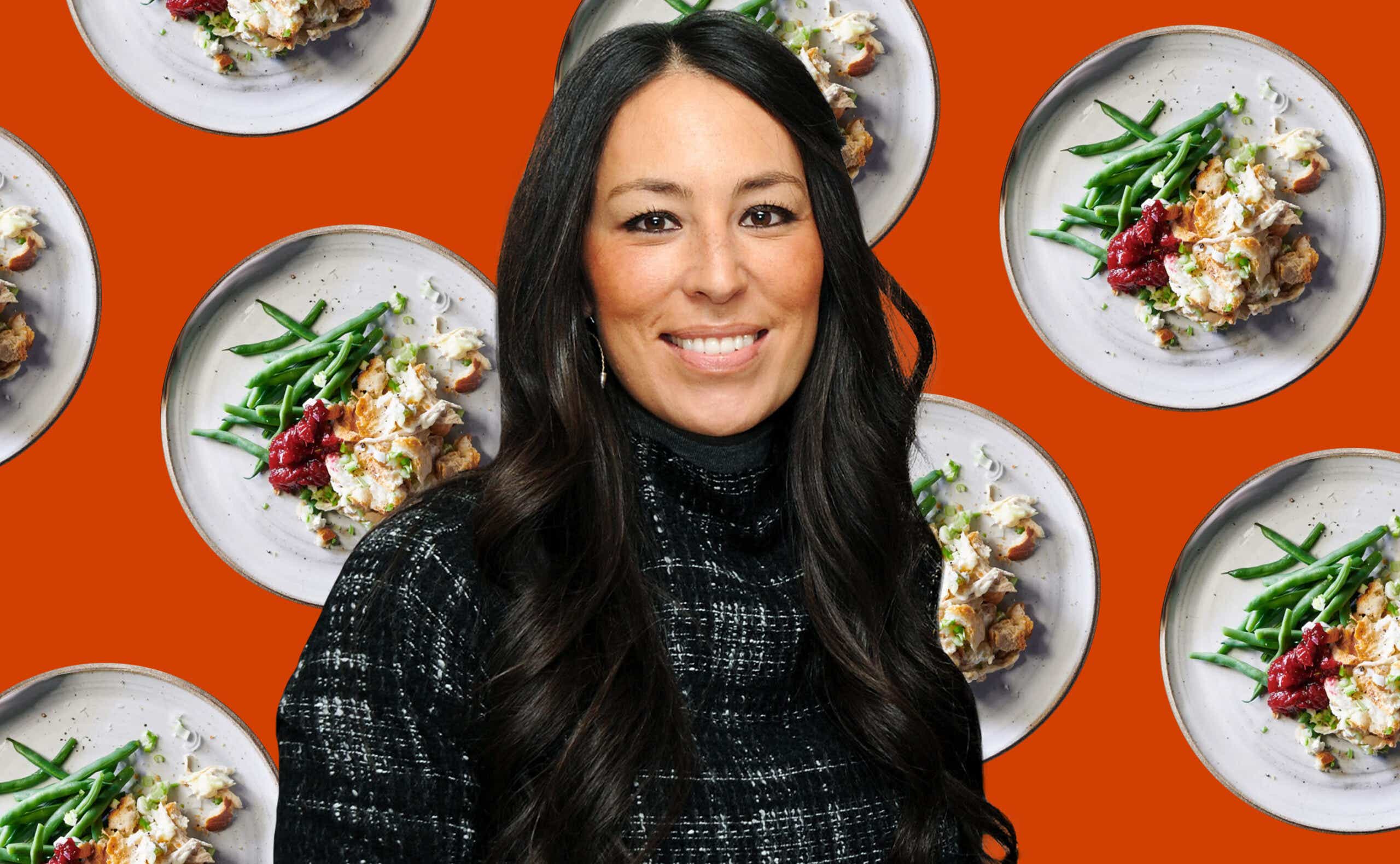 Joanna Gaines stands in front of a collaged background of plates of creamy chicken casserole.