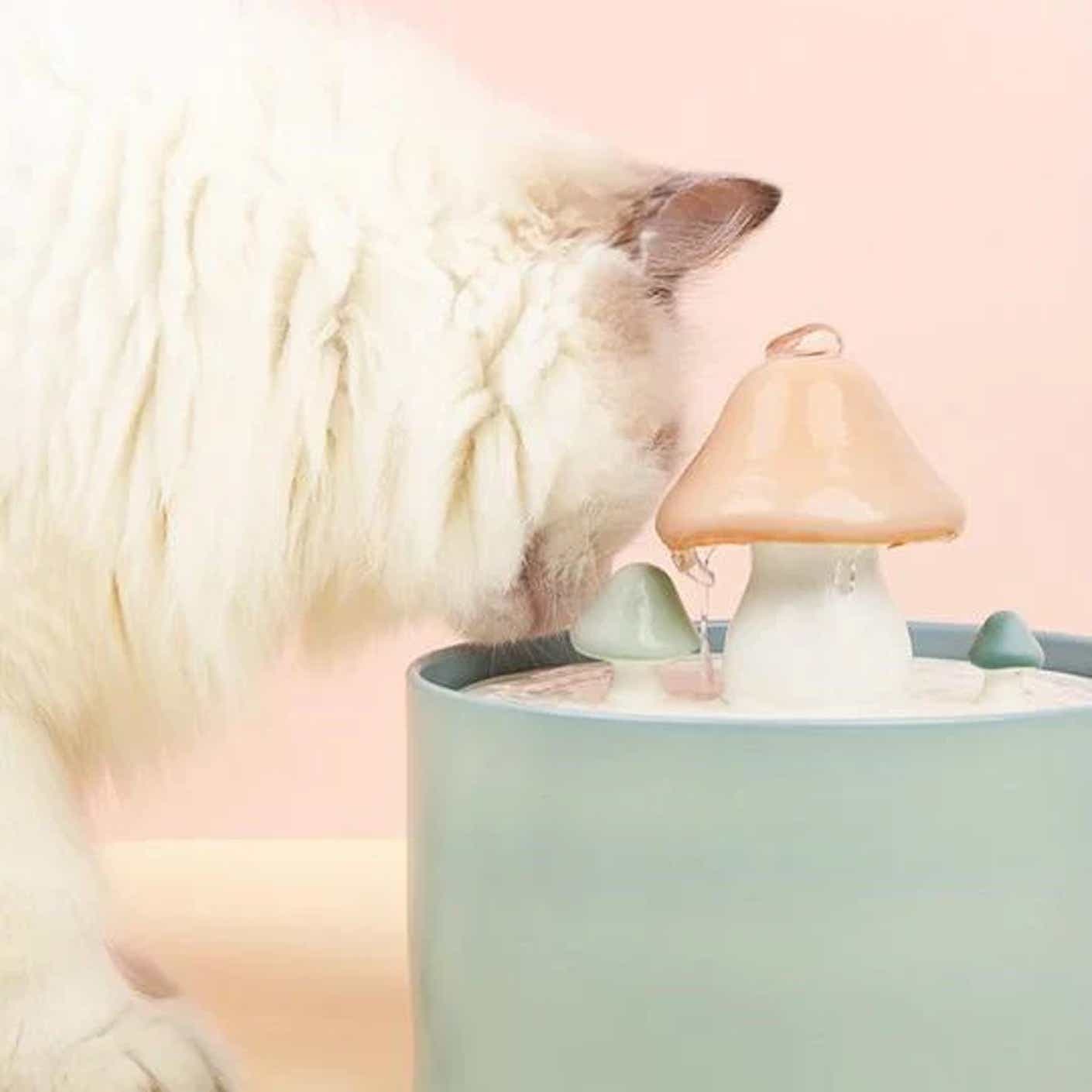 A fluffy cat dips its head into a ceramic cat fountain with mushroom stalks in its center/